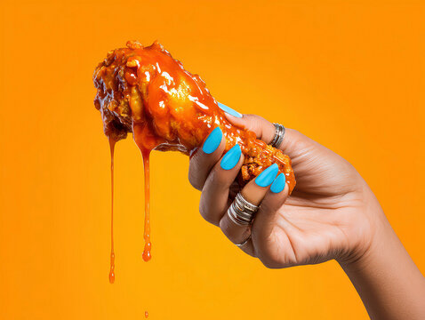Close-up of a female hand holding a crispy, orange-sauced chicken drumstick with exaggerated glaze shine Orange background, electric blue nail polish, minimal silver ring, high contras - AI-Generated