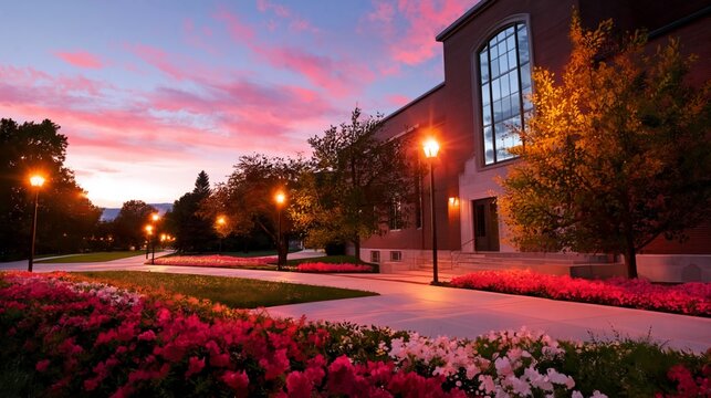 Colorful Flowers Line the Pathway During Sunset at a University Campus in the Evening