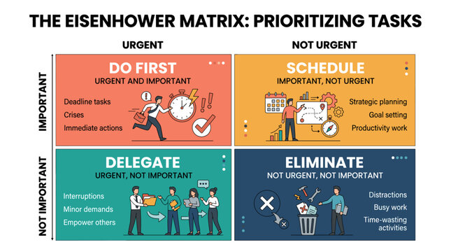 Eisenhower Matrix for prioritizing tasks: Do, Delegate, Schedule, Eliminate
