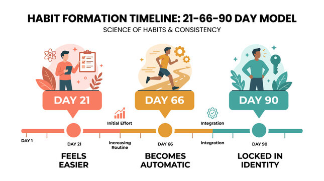 Habit formation timeline illustrating the 21-66-90 day model of consistency