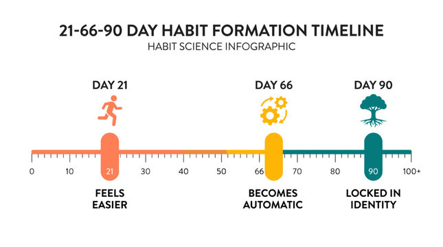 21-66-90 day habit formation timeline infographic showing stages of behavior change