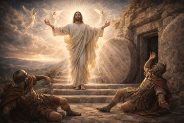 Fototapeta premium Resurrection of Jesus Christ in glowing white robes with angels against open tomb and stunned Roman soldiers in golden armor