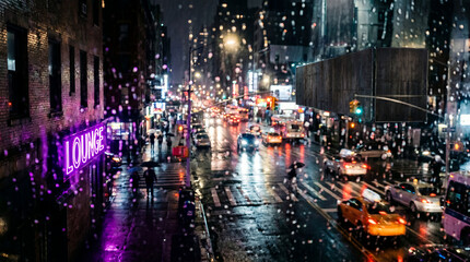 Fototapeta premium City street illuminated at night with rain and traffic lights 