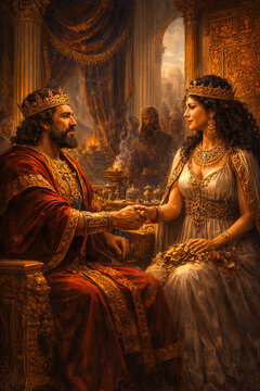 King Solomon in red and gold royal robes extending hand to Queen of Sheba in luxurious palace hall with candles and golden decor