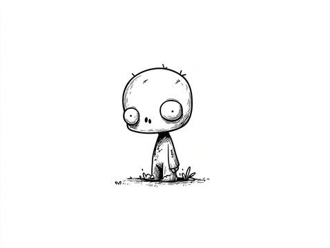 Black and white line drawing of a humorous, minimalistic zombie on white background Simple facial features suggest vacant state, with pale grey skin tone typical of popular culture dep - AI-Generated