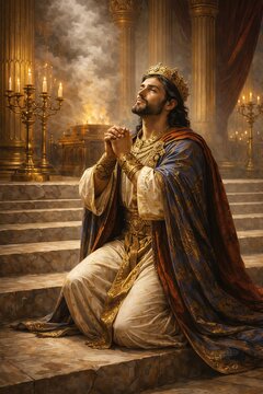 King Solomon in golden crown and luxurious robes kneeling in prayer in magnificent temple with candles and golden columns