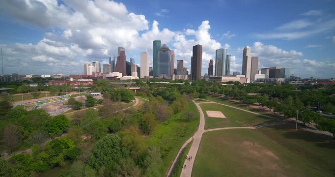 Drone Establishing Shot of Downtown Houston Texas Skyline and Cityscape