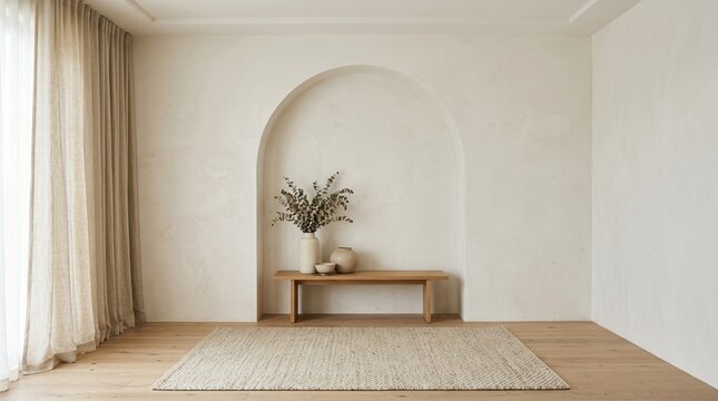 Front-facing perspective of a minimalist empty room with luxe arch niche, bench, ceramic accents, rug, and curtain arranged in a