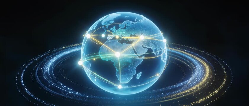 Digital Globe with Interconnected Lines and Light Trails in Dark Space, Illustrative Frontal View