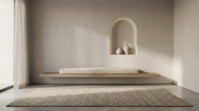Front-facing perspective of a minimalist empty room with subtle niche, bench, ceramic accents, rug, and curtain arranged in a