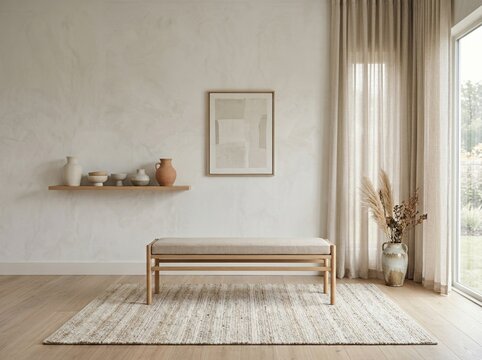 Front-facing view of an upscale empty room with plaster wall, centered bench, rug, curtain, and ceramic accents arranged in a