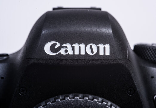 Gothenburg, Sweden - June 19 2019: Canon DSLR camera body close up logo branding detail.