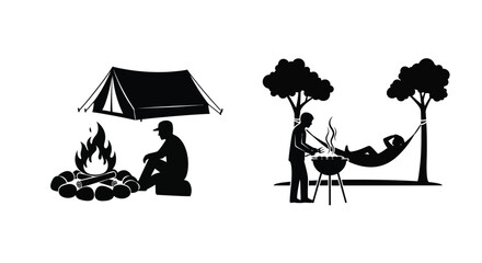 Camping scene with tent campfire and hammock in black silhouette © MDHOJAIFA