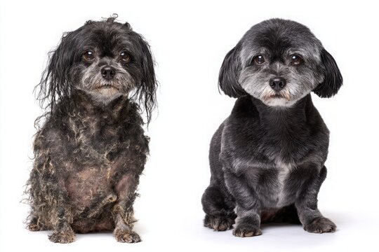 Unhappy neglected dog contrasted with happy groomed dog on white background