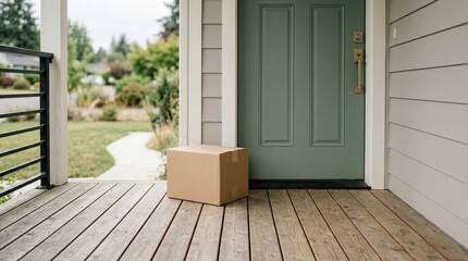 Fototapeta premium Large cardboard package delivered on a wooden porch outside a modern house with a green door, e-commerce shipping concept.