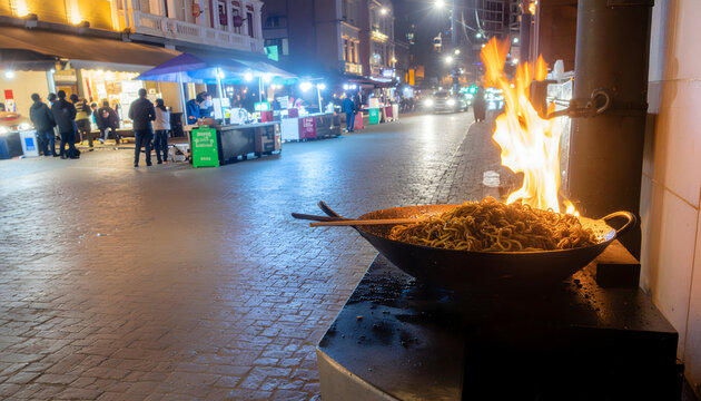 Vibrant Night Street Food Scene: Noodles Wok Cooking Over Fire at a Bustling Market Stall.