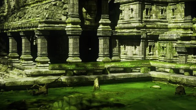 Detailed stone carvings showing moss and lichen, intricate bas reliefs with eroded faces, grooves catch angled light, tactile surfaces emphasize craftsmanship,