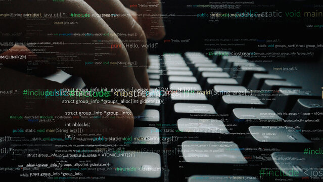 Dynamic close-up image capturing hands typing on a keyboard, surrounded by coding syntax, representing the essence of programming and software development tasks. Xenic