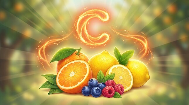 Vitamin C power glowing over a vibrant assortment of fresh citrus and berries, symbolizing health, nutrition, and natural immunity booster from colorful fruit sources