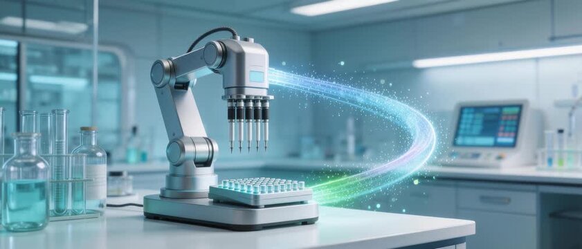 Robotic Arm Performing Precision Liquid Handling Tasks in a Clean Modern Laboratory&mdash;Close-Up View Highlighting Automation and Technological Advancement in Scientific Research