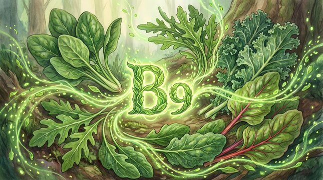 Natural leafy greens providing essential B9 vitamin, promoting health and vitality, sourced from nutrient rich organic food for a balanced diet and wellness