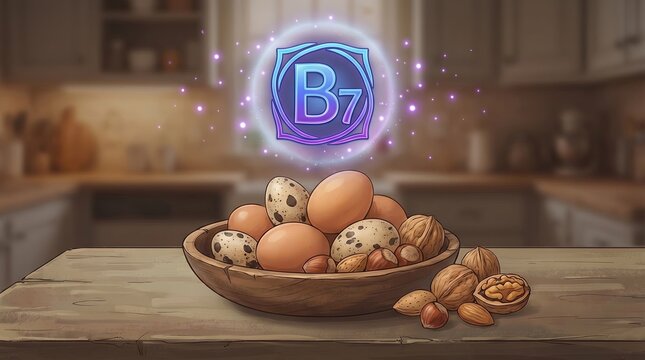 Natural biotin sources on kitchen table, showing eggs and nuts in a wooden bowl, a stylized glowing B7 icon above representing healthy nutrition and vitamin content