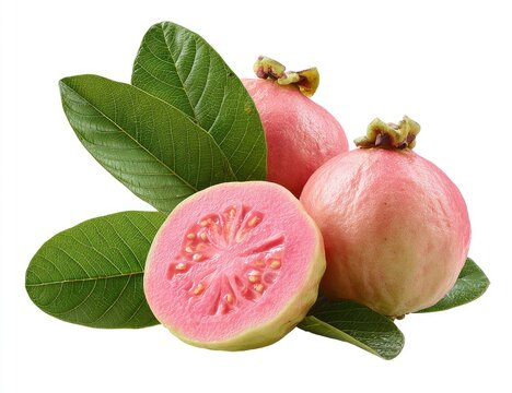 Fresh Pink Guava Fruit with Green Leaves Isolated on White Background.