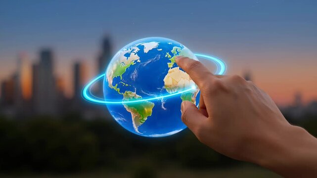 Futuristic augmented reality interface showing holographic Earth with interactive spacecraft flight path tracked by human hand at dusk over urban skyline