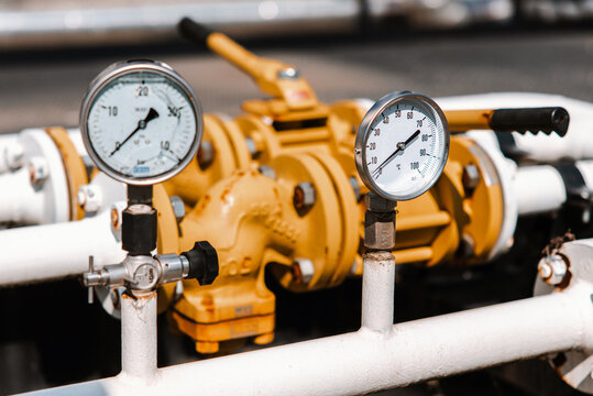 Industrial pressure gauges on pipeline