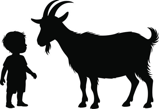 A black silhouette vector illustration of a wild goat with horns and a stag with antlers isolated on a white background for nature and wildlife art