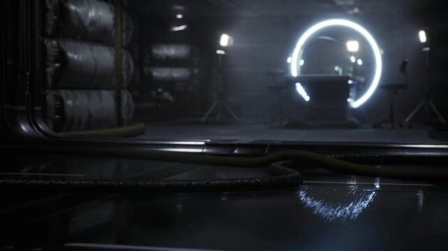 Space station service drone near ring entrance, inspection lights, bundled cables, wet reflective floor, quiet machinery hum and industrial shadowing