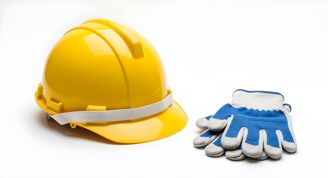 Construction safety gear yellow hard hat and blue work gloves on white surface