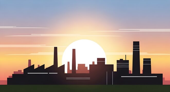 Industrial cityscape at sunset a silhouette of modern architecture and factories