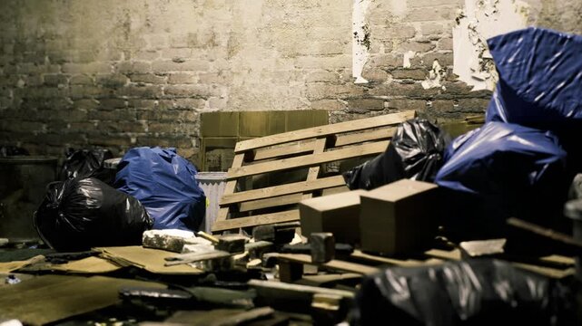 In a dimly lit basement, crumpled bags of trash and scattered wooden pallets create a chaotic scene. Old bricks and discarded materials hint at a once vibrant environment layered in dust.