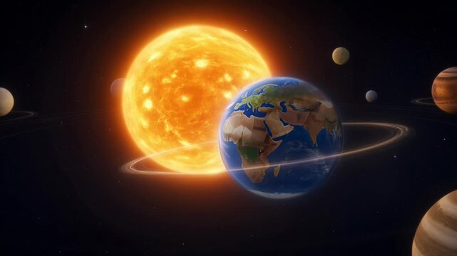 Digital twin animation of Earth and planets smoothly orbiting the glowing sun, showcasing detailed textures and dynamic celestial motion in the solar system