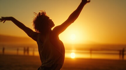Fototapeta premium Silhouette Of Person Raising Arms In Celebration On Beach At Golden Sunset. AI generated image