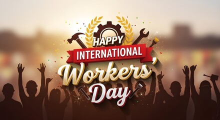 Happy international workers' day celebration with tools and blurred crowd background
