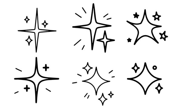 Hand drawn sparkle icons set, black line star twinkles and glitter effect vector elements, minimalist shining starburst doodles for social media and branding