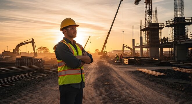 Construction worker silhouette a proud foreman overseeing a busy industrial site at sunset