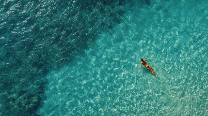Obraz premium Aerial View Of Person Swimming Freestyle In Clear Turquoise Ocean Water. AI generated image