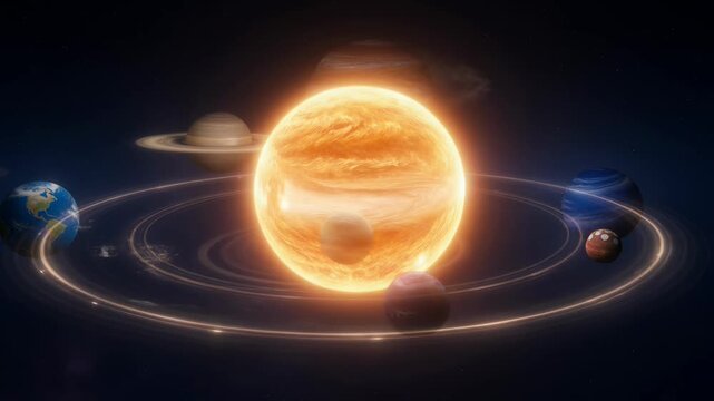 Digital twin 3D solar system animation showcasing sun centered with all planets orbiting in glowing elliptical paths in deep space starry background