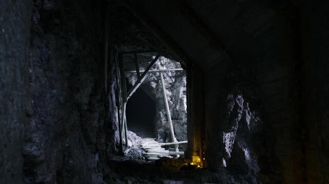 Icy mine portal framed by frostcovered timbers and lantern glow, rickety supports reveal deep tunnel mouth blue ambient light, wet stone textures, echoing void