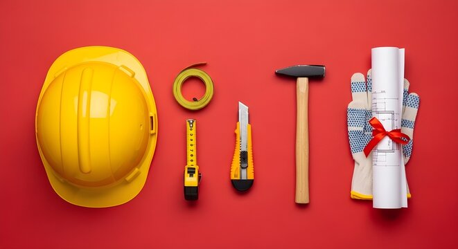 Construction tools laid out on a vibrant red background