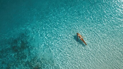 Obraz premium Aerial View Of Person Swimming Freestyle In Clear Turquoise Ocean Water. AI generated image