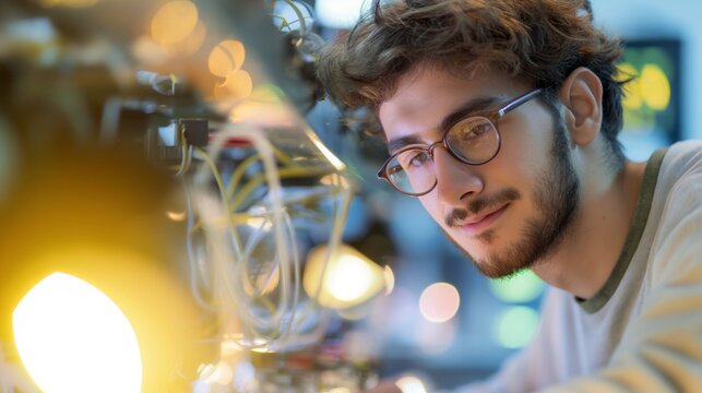 Young engineer explores intricate circuits in a modern tech lab during afternoon hours, surrounded by glowing screens and devices