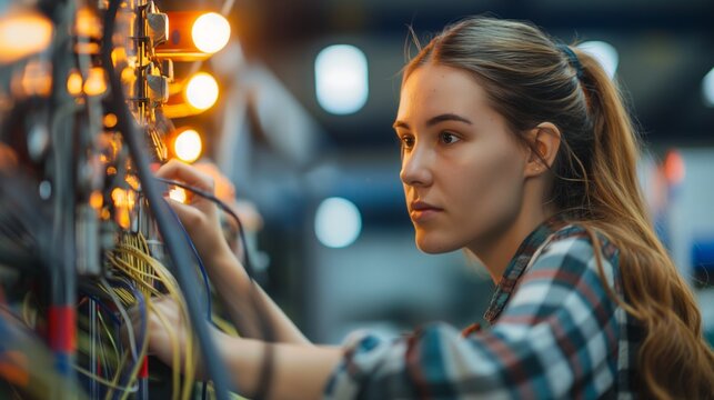 Focused engineer skillfully works on electrical connections in a busy workshop during midday