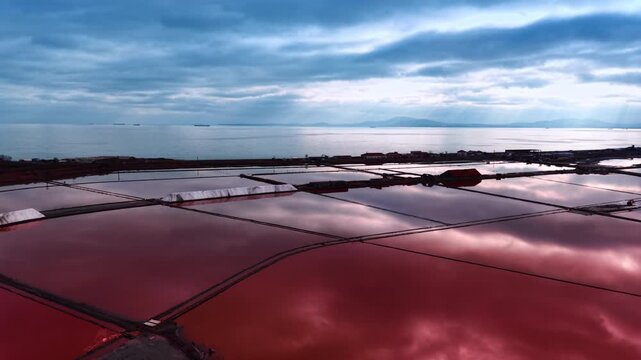 Multiple large pink salty lakes under the dramatic sky. Drone flight over the waterscape used for salt production.