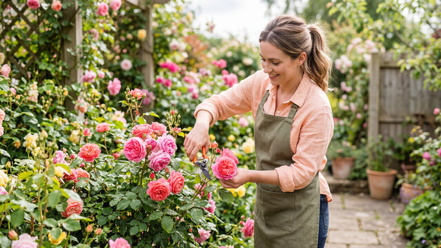 Woman pruning pink roses in garden. Female gardener using shears on blooming flowers. Horticulture and outdoor plant care activity in springtime