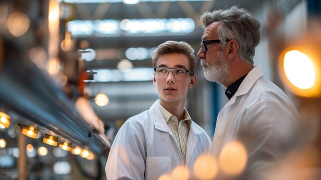 Young mentee explores machinery with an experienced engineer in a modern workshop during daylight hours