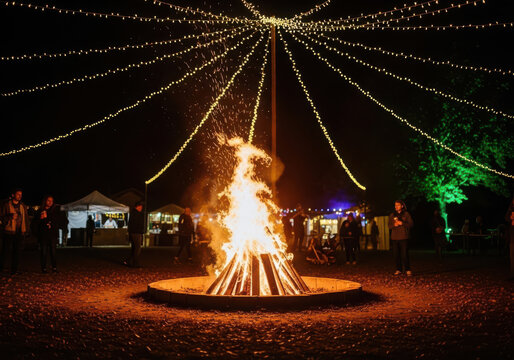 Festive gathering around a large bonfire under night sky lights